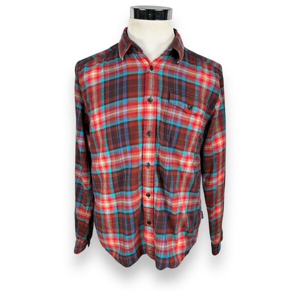 Patagonia Flannel Shirt Men’s Medium Red Blue Long Sleeve Button Up 100% Cotton - Picture 1 of 12